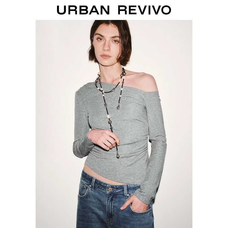 UR2026春季新款女装气质斜肩领褶皱修身短款T恤UWM460020 中灰花灰 S