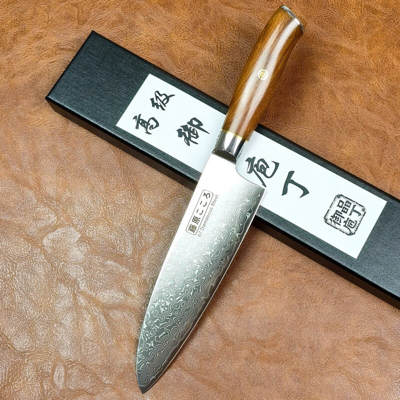 胖东来同款大马士革纹三德刀家用革钢VG10水果刀商用切牛肉刀西餐 银色 60°以上 x 17.5cm x 130mm