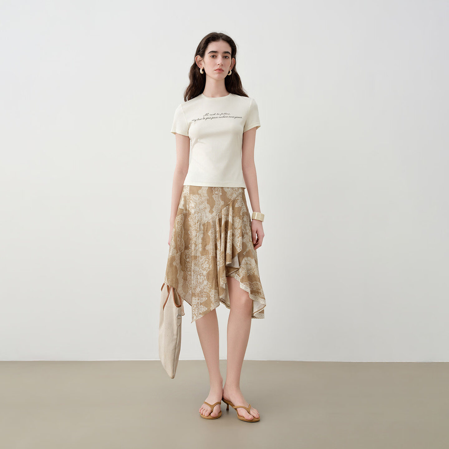 自巧小个子白色设计感拼接蕾丝花边半身裙女2026夏季新款印花裙子 晕染腰果花 【天丝亚麻】 XS （尺码：2）