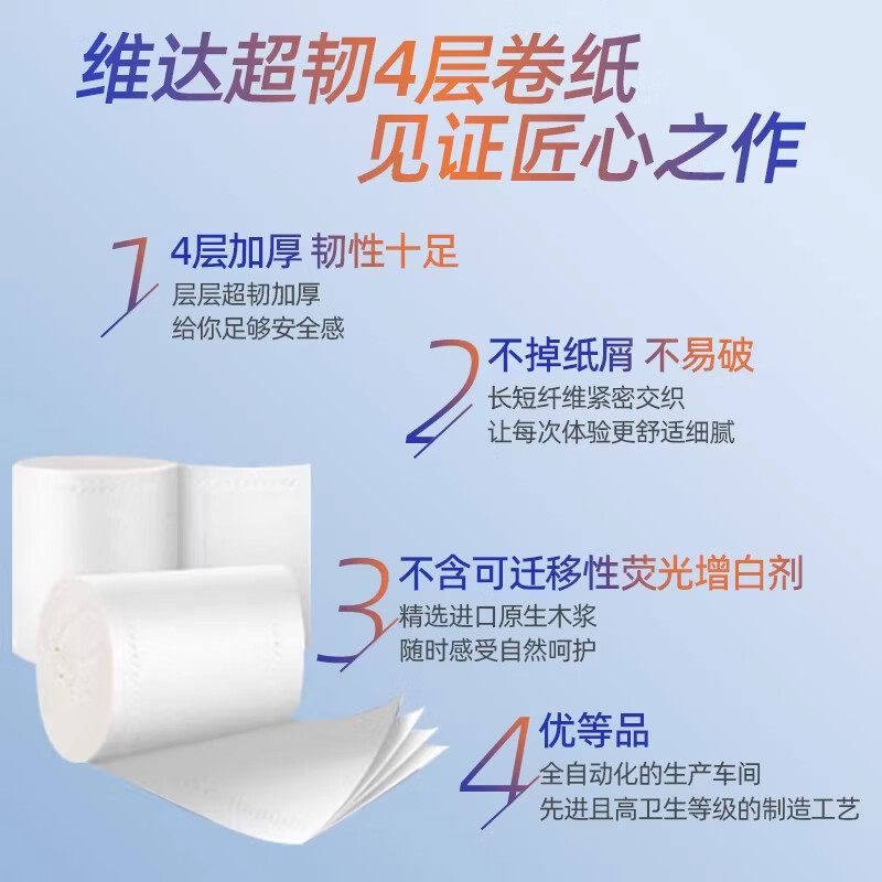 维达(Vinda)超韧无芯卷纸10卷4层加厚2000克大粗卷纸巾短棒家用厕纸V4496 4层 200g/卷*10卷 【维达超韧】