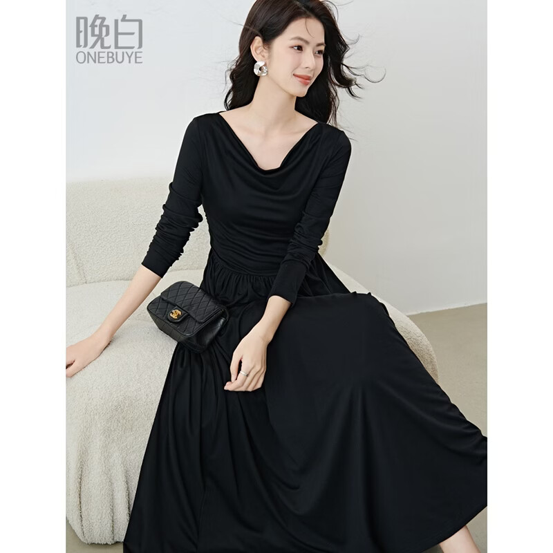 晚白2026年春款法式荡领纸片人小黑裙腰部褶皱遮肚子显瘦大摆连衣裙 黑色 XL