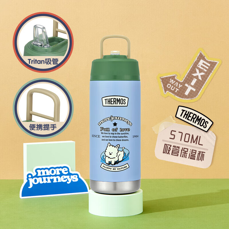 THERMOS膳魔师复古儿童保温杯学生吸管杯大容量户外运动健身水壶直饮水杯 蓝色吸管杯570ml【带提手】