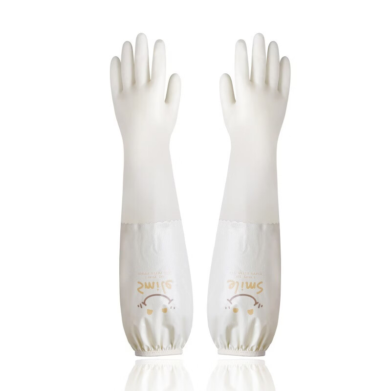 何佳功厨房手套防水做家务加厚保暖加长清洁洗衣服橡胶家用洗碗手套加绒 奶油白（束口加长接袖约50cm 单层（带挂扣送挂钩