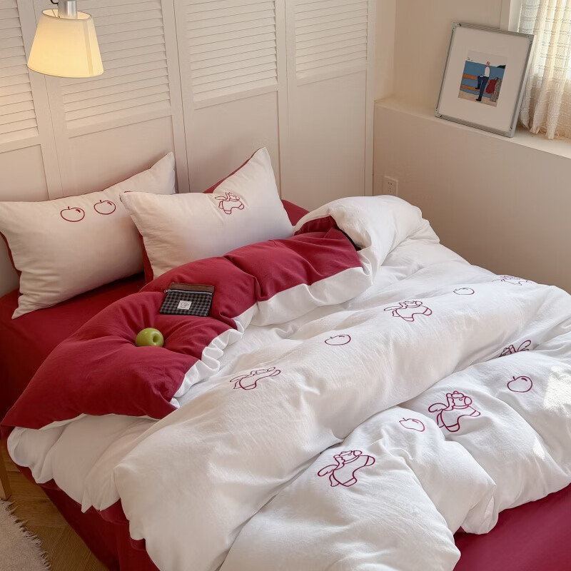 ROLAND LIVE可爱风全棉双层纱四件套刺绣被套透气床单床笠儿童床上用品三件套 FOR 全棉双层纱套件-小马苹果 1.2米床 床单款 【被套150*200cm】