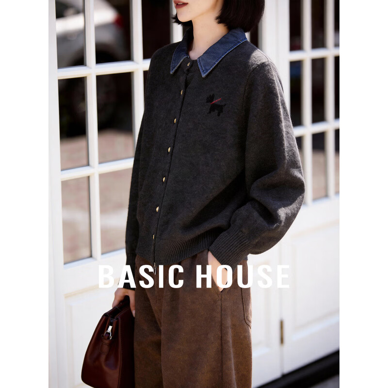 Basic House/百家好复古牛仔领灰色毛衣春季拼接短款小狗开衫上衣 灰色 M