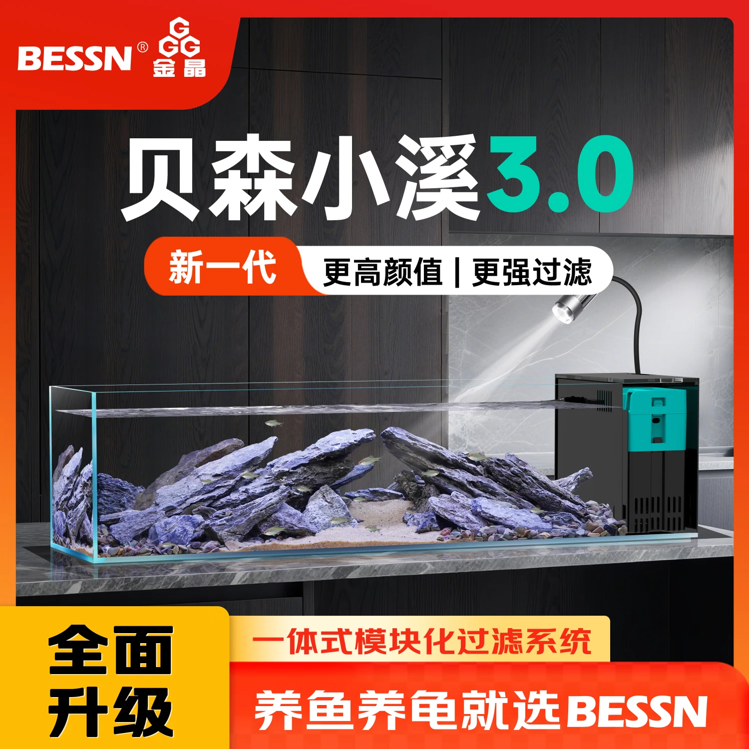 BESSN贝森25新款桌面溪流缸金晶五线超白玻璃侧滤过滤升级干湿分离鱼缸 60*20*20 6mm基础套餐3.0升级款