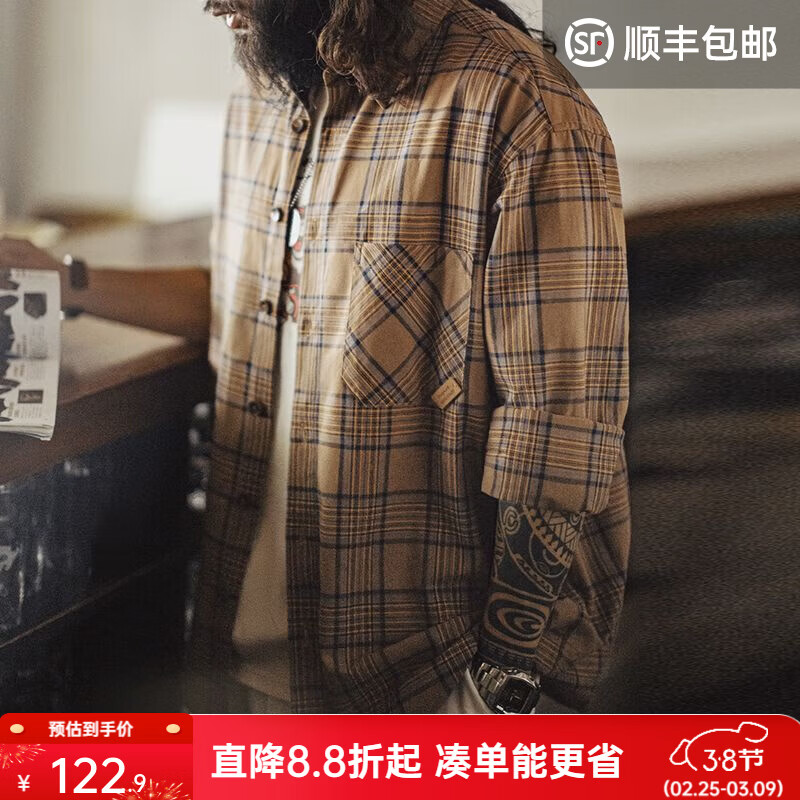 马登工装美式复古格子衬衫男外套大地色格纹纯棉长袖男士衬衣夏季薄款 浅棕色 【格子衫/宽松/外穿寸衫】 XL (180)