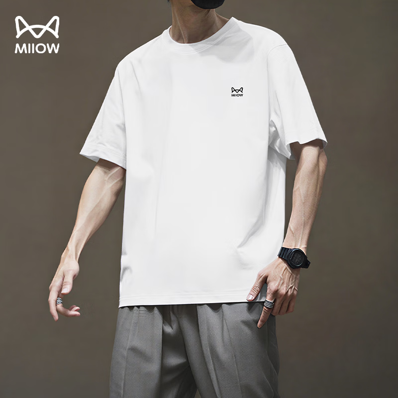 猫人（MiiOW）短袖t恤男2026夏季新款运动健身跑步上衣宽松棉感透气半袖男士 纯净白 （棉感透气-胸口标） L  /175(120-140斤）