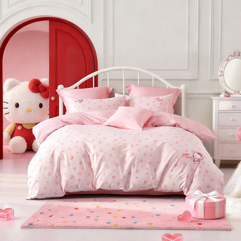 水星家纺四件套床上用品纯棉100%全棉婴幼儿A类儿童学生宿舍26年套件 心动KT 床单款 （被套150*210cm）