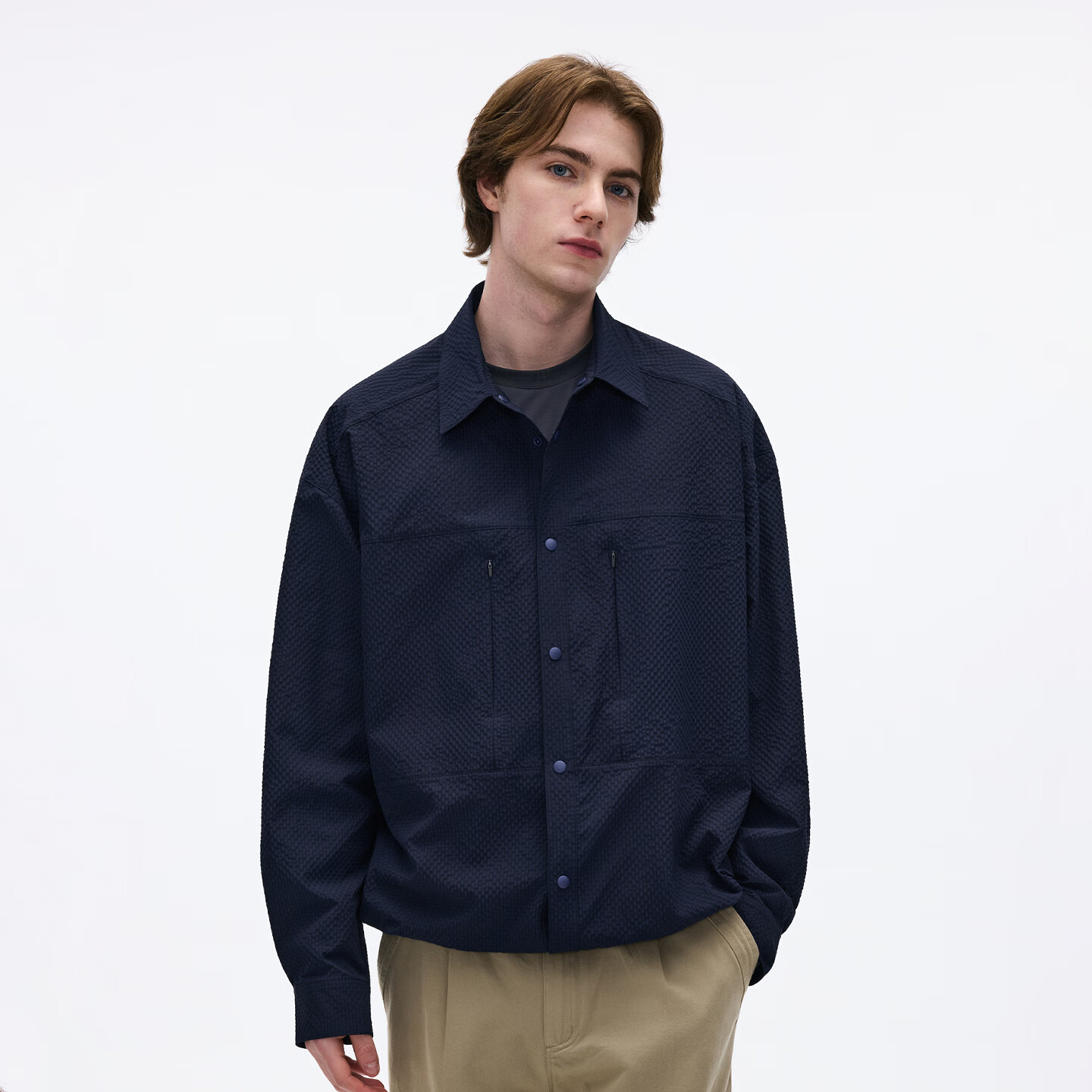 熊猫·本（ben.panda）泡泡纱长袖衬衫男休闲翻领通勤外套上衣2026春季新款 藏青色 M