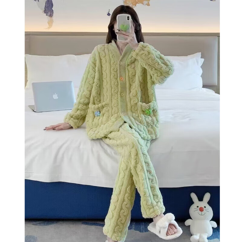 有只绵冬季加厚珊瑚绒毛毛睡衣女可外穿开衫两件套装 粉色小花 均码