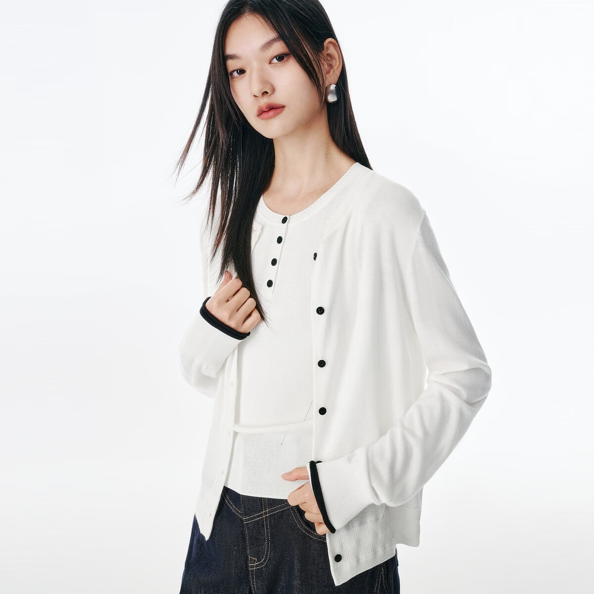 太平鸟秋冬毛针织衫集合链接新款打底无缝套衫女士开衫 针织线开衫米色 S