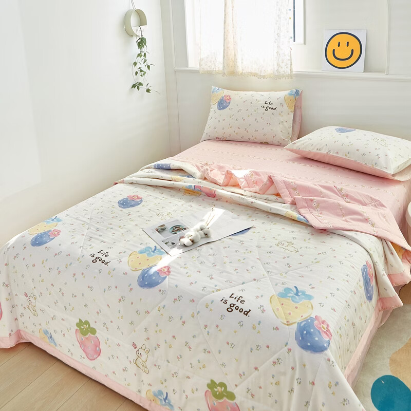 恒源祥 空调被 100%棉花夏凉被子纯棉可机洗午睡单人双人全棉被芯夏季 【全棉A类+新品上市】草莓泡芙 200x230cm【夏被单件】