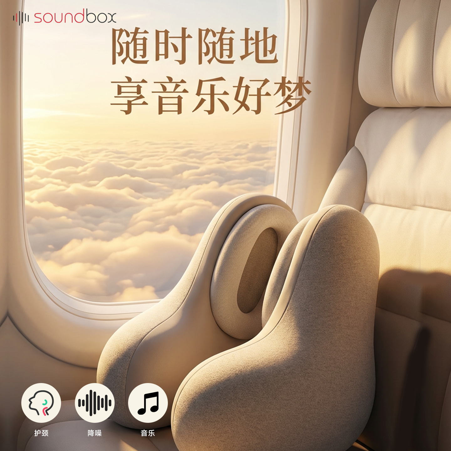 soundbox降噪音乐U型枕旅行开车便携枕头飞机护颈枕办公午睡降噪助眠神器 浅灰色