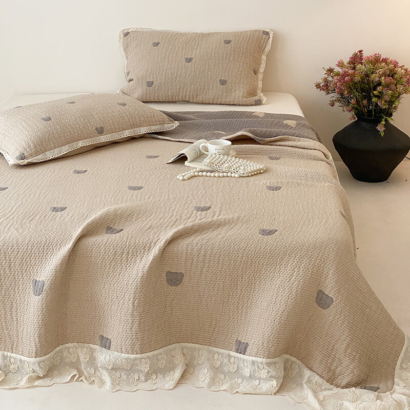 无印良品ins韩系全棉纱布床单1.8x2米床纯棉100%四季裸睡夹棉床盖单件家用 憨憨熊【色织花边工艺】 三件套： 250cm*230cm 床盖+枕套*2