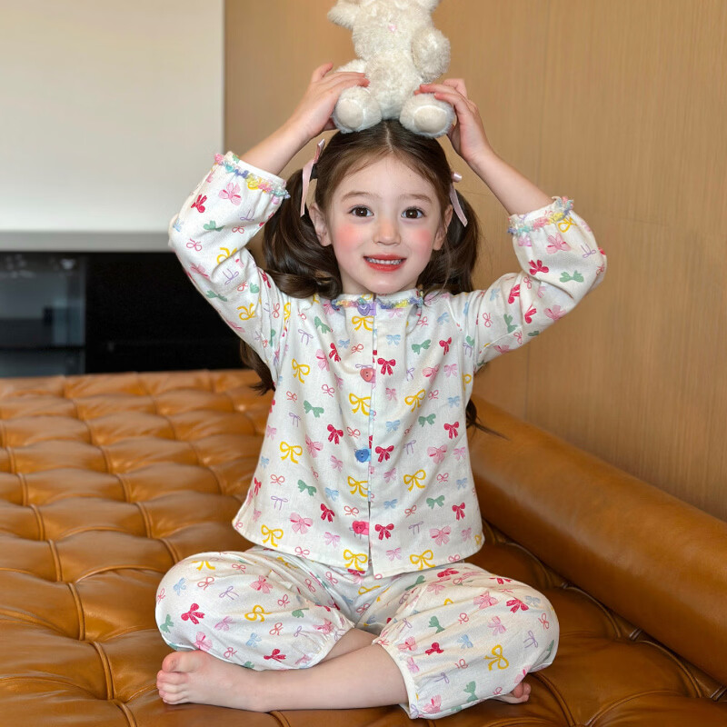 栀了成长记女童装甜美蝴蝶结睡衣2026春季儿童可爱涂鸦家居服套装 白色 家居服 110 cm
