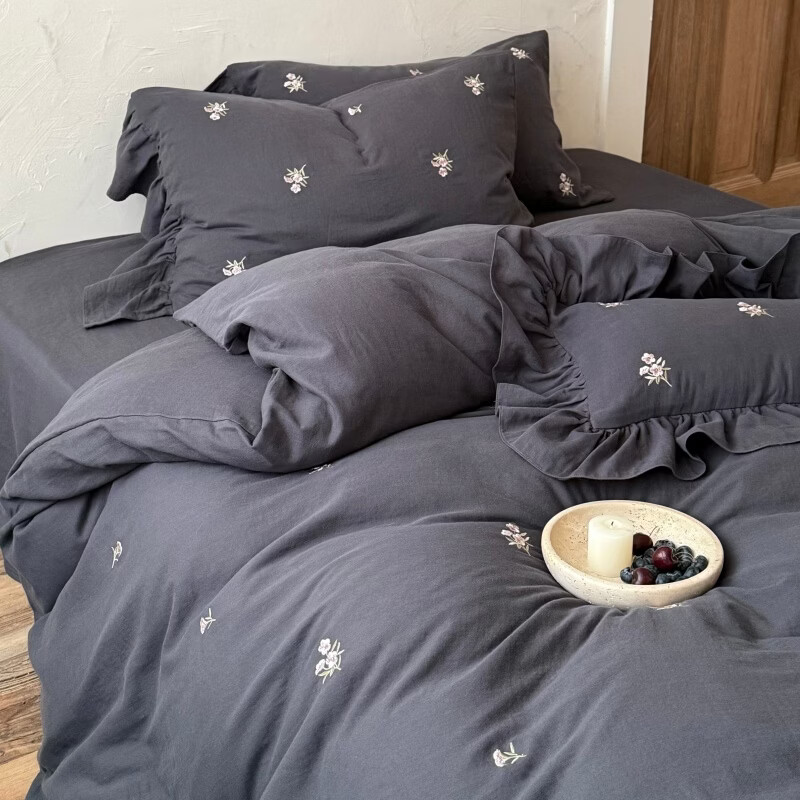 ROLAND LIVE全棉皱皱纱刺绣四件套复古风纯棉被套床单四季床上用品透气1.8m床 LB 全棉皱皱纱套件-花枝瑾灰色 1.2米床 床单款 【被套150*200cm】