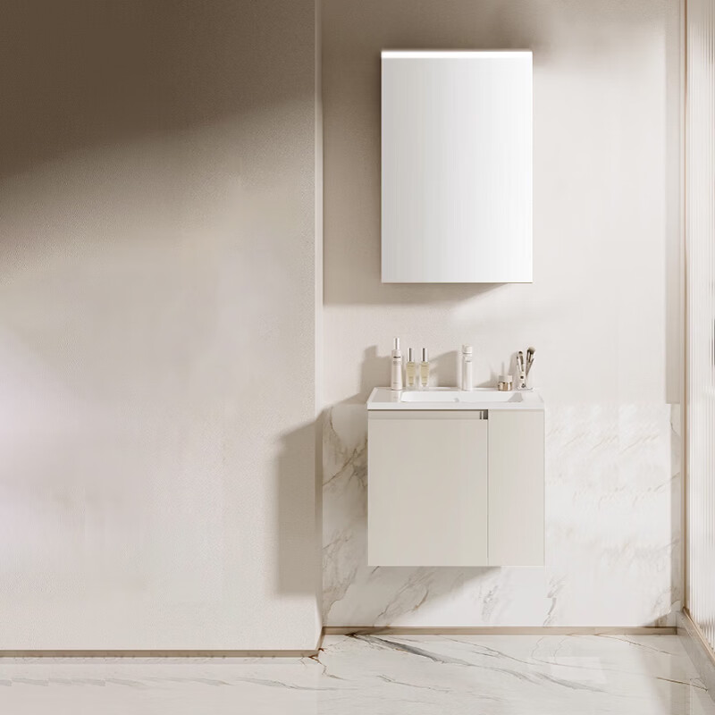 惠达（HUIDA）奶油风浴室柜组合陶瓷一体盆实木洗手台卫生间洗脸盆柜组合T216系 55cm百搭燕麦灰【智能镜柜】