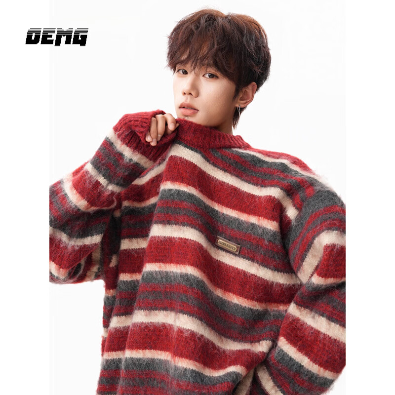 OEMG  美式条纹撞色毛衣男士秋冬季上衣针织衫保暖潮流牌红色复古外套 红色 2XL [建议130-150斤]