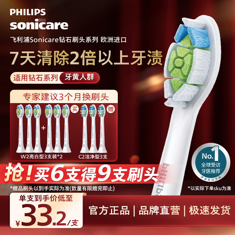 飞利浦（PHILIPS）电动牙刷头官方原装适配钻石3/7/9系列刷柄清洁护龈亮白 欧洲进口 3支装HX6063/67 白色