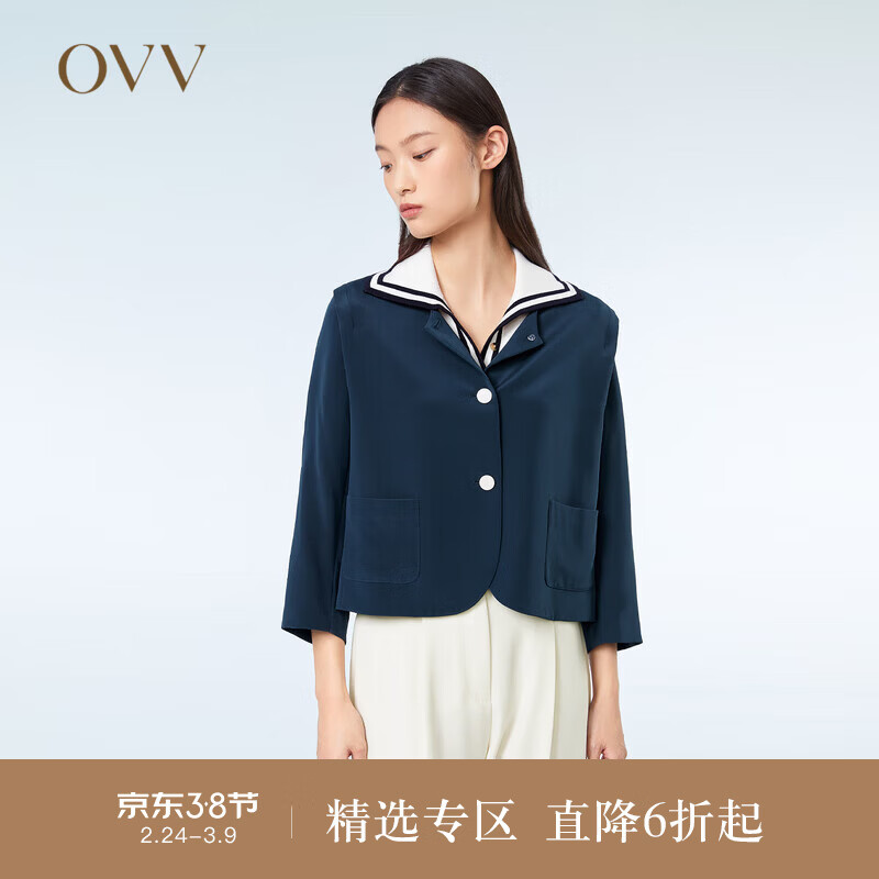 OVV2023春夏新款女装精致圆领七分袖桑蚕丝短款休闲夹克外套 藏青（净色）25 S