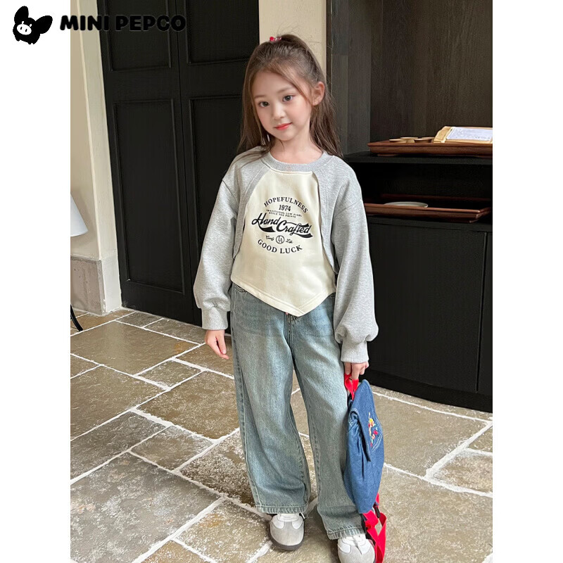 小猪班纳（PEPCO）女童宽松假两件卫衣春秋新款儿童宝宝长袖印花复古外穿上衣潮 花灰/米白 170 *建议身高155-165
