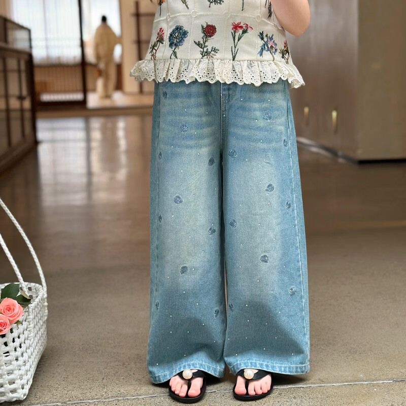 栀了成长记童装女童设计感烫钻牛仔裤2026春季儿童百搭宽松直筒裤 蓝色 牛仔裤 M 160c