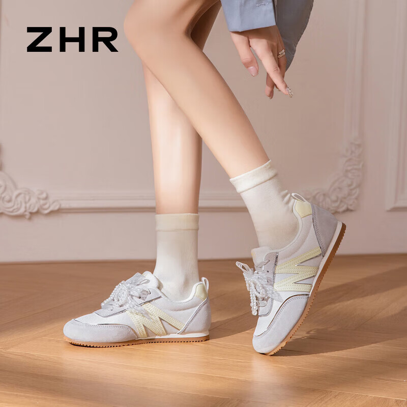 ZHR则则德训鞋女鞋轻软甜美运动鞋女珍珠蕾丝休闲鞋子女防滑百搭元气满满 米黄 35
