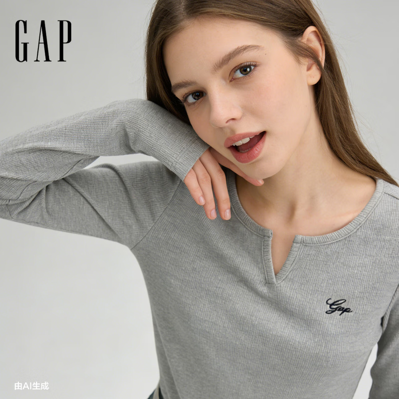 盖璞Gap女装2026春季新款logo刺绣小V领长袖针织衫休闲上衣858783 浅灰色 M (165/88A)亚洲尺码