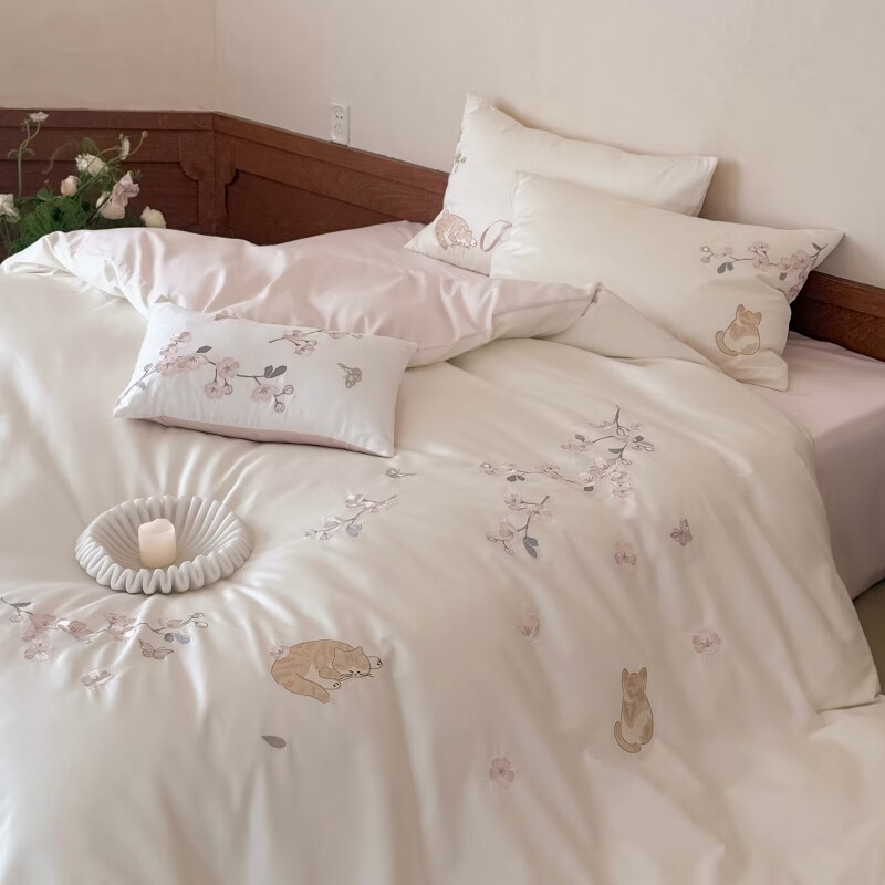 ROLAND LIVE小清新长绒棉刺绣四件套亲肤裸睡被套床单轻奢全棉1.8m床床上用品 LB长绒棉刺绣套件-悠悠猫栖粉色 1.2米床 床单款 【被套150*200cm】