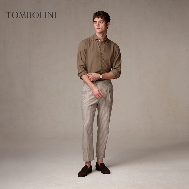 东博利尼新款亚麻长袖衬衫男咖色休闲时尚 咖色 41