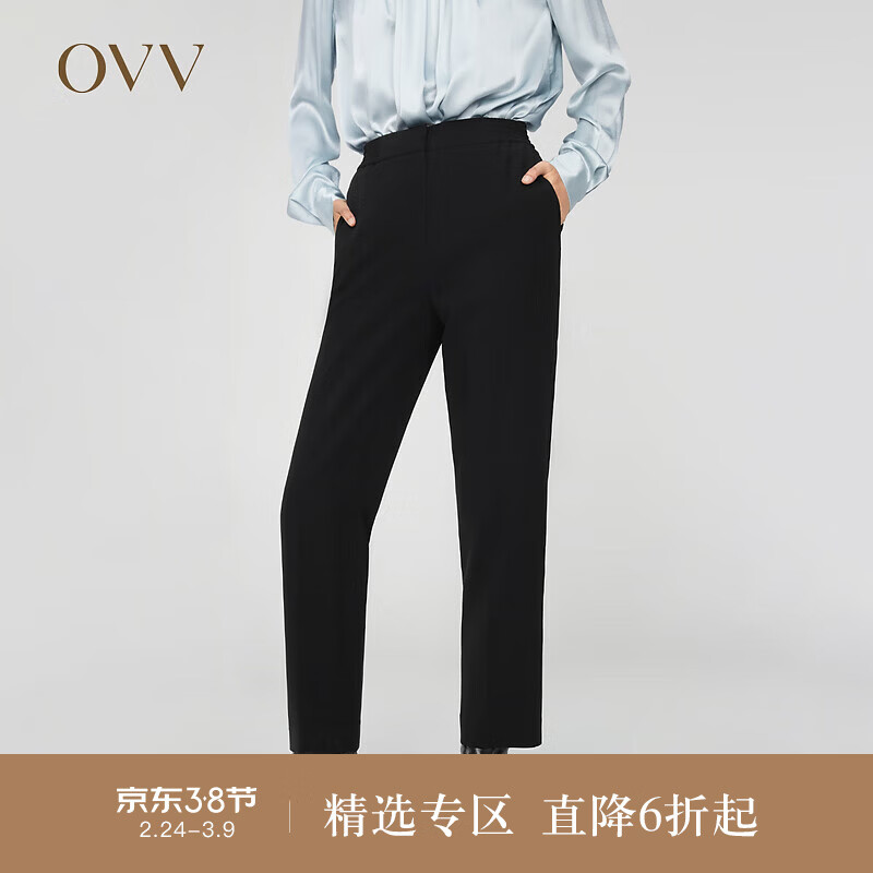 OVV2023秋冬新款女装日本进口三醋酸侧后腰松紧休闲通勤长裤 黑色(净色)A3 M