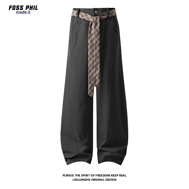 Foss Phil复古格子腰带弯刀西装裤男春夏季垂感阔腿休闲裤HK26039黑色XL
