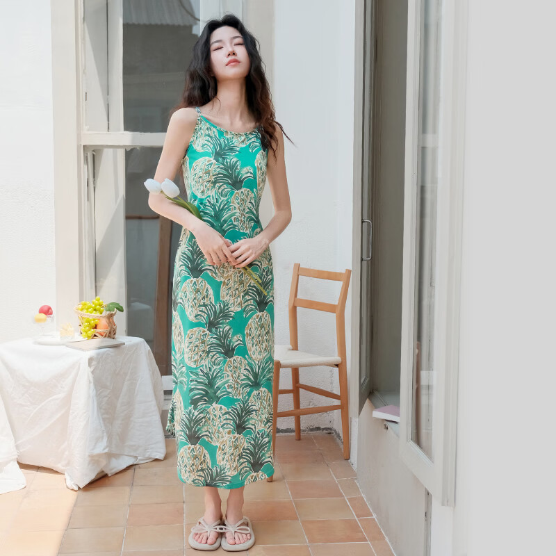 芬腾吊带睡裙夏季薄款女款带胸垫一体式可外穿大码宽松连衣裙中长款 FJ26921797绿色 L 建议：110-125斤