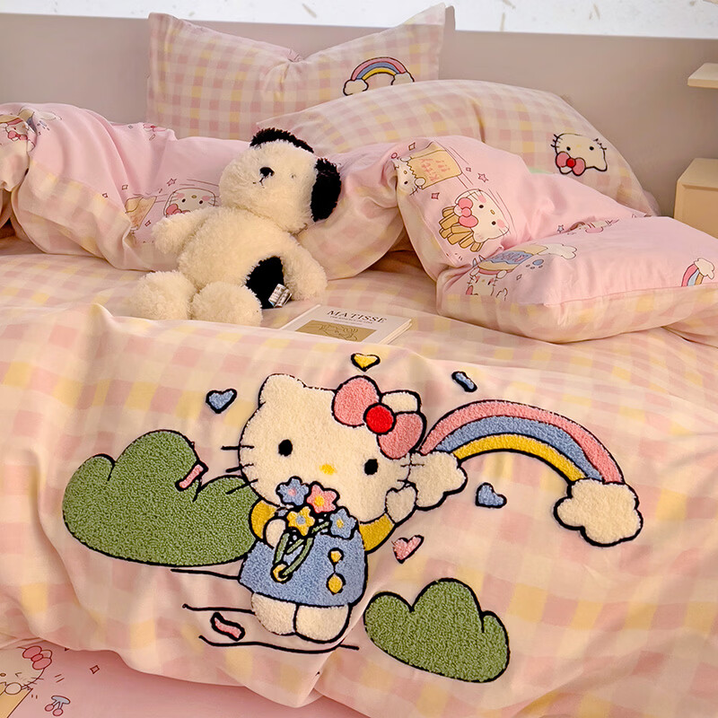 无印良品全棉床上四件套纯棉可爱卡通被套学生宿舍家用床单床笠款四季裸睡 彩虹猫 【卡通毛巾绣 亲肤裸睡】 1.8m 床单款 四件套-被套200x230cm