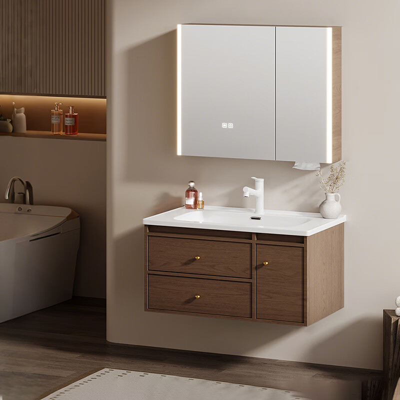 惠达（HUIDA）中古风智能浴室柜陶瓷一体盆双抽灯光除雾卫生间洗脸盆组合J60 90cm