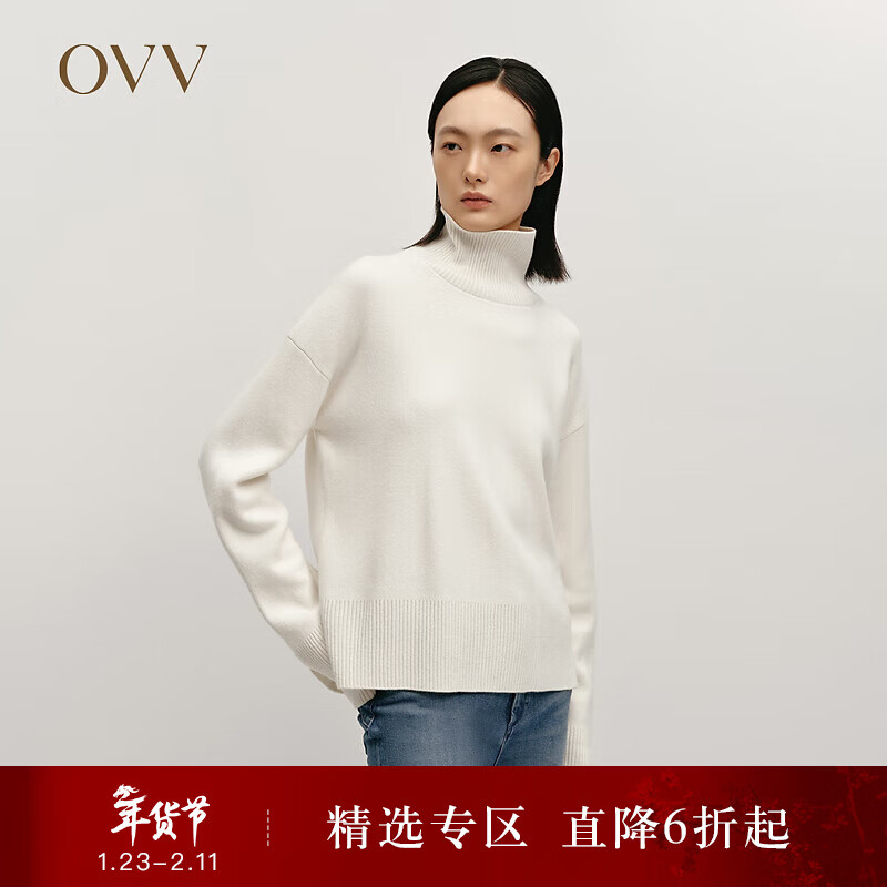 OVV秋冬热卖女装优雅时髦松弛长袖可翻折高领羊绒衫 象牙白 L
