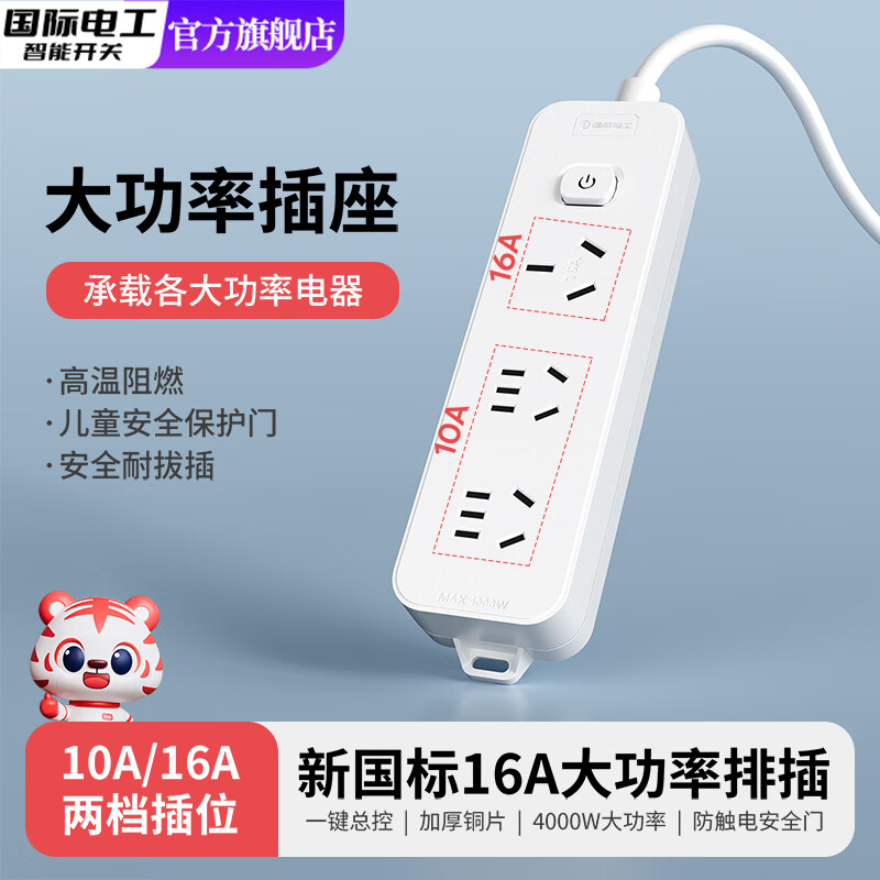 国际电工（FDD）大功率16A延长线插线板空调热水器家用带开关排插多孔插座接线板 一位16A五孔【一键总控】线长0.3米