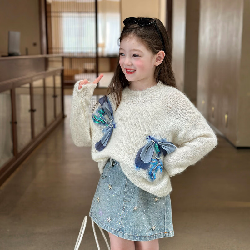 栀了成长记女童装时髦宽松套头毛衣2026春季儿童百搭亮片针织上衣 蓝色 半身裙 120 cm