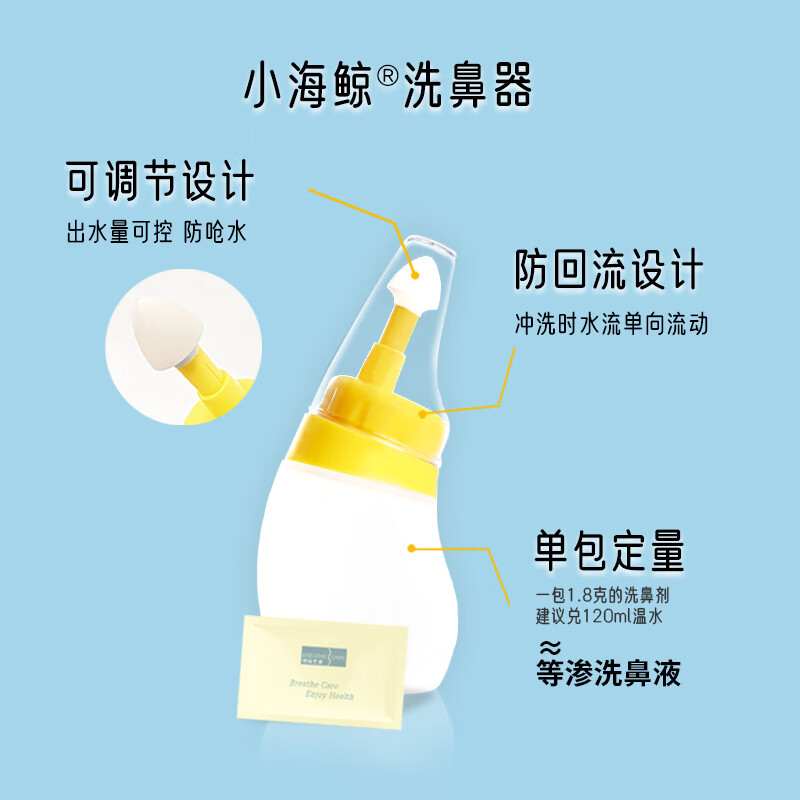 博瑞思康 小海鲸儿童专用硅胶洗鼻器洗鼻盐鼻炎鼻窦炎儿童冲洗器洗鼻壶 硅胶洗鼻器+20袋洗鼻剂*2