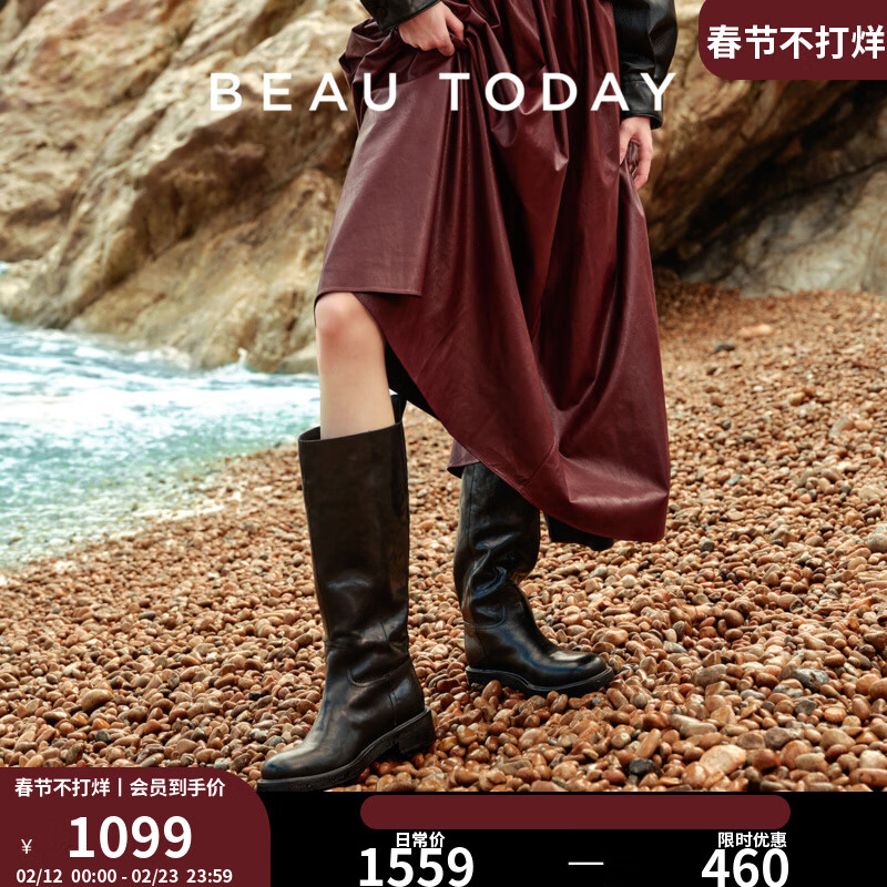 BEAUTODAY英倫風騎士靴女靴冬季新款大筒圍真皮長筒靴子女黑色真皮高筒靴女 經(jīng)典黑 35