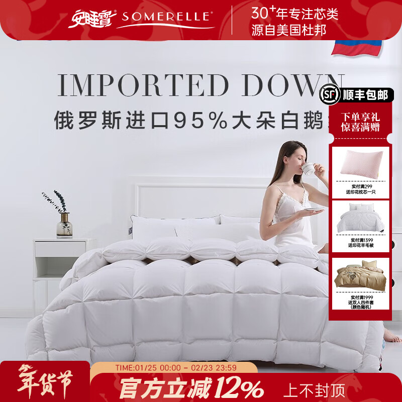 安睡宝（SOMERELLE）羽绒被95%俄罗斯进口大朵白鹅绒被子春秋被冬被抗菌被芯鹅绒被 俄罗斯进口95%大朵白鹅绒立体锁暖-冬被 【抗菌面料】 【220*240cm-抗菌抗菌保暖】