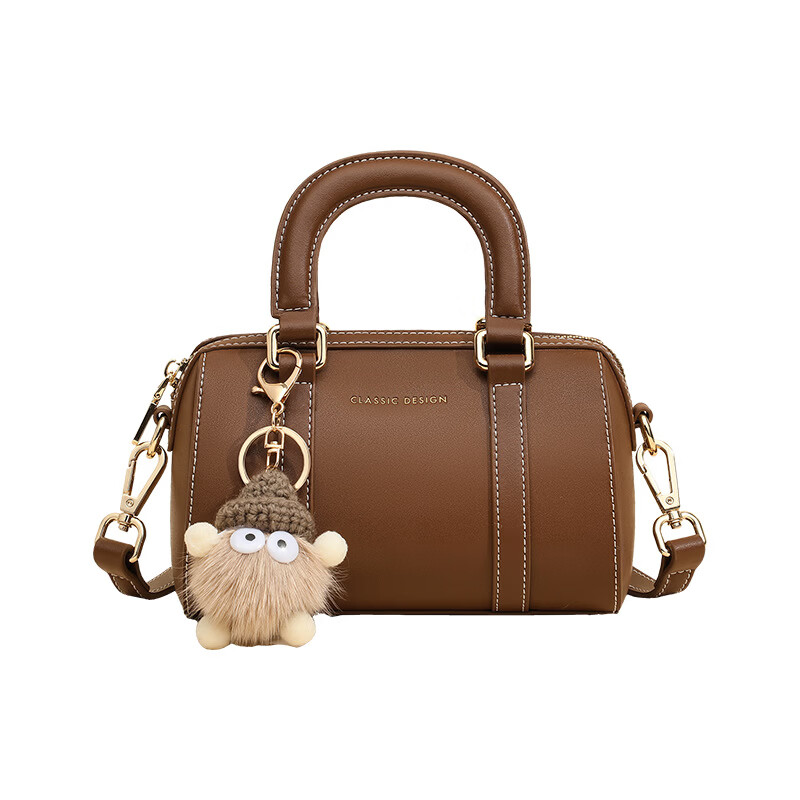 单支鸟手提包包2真皮斜挎枕头包女包迷你单肩波士顿包生日礼物 棕色