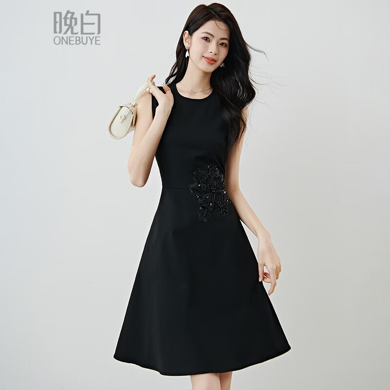晚白2026春款气质赫本风小个子礼服裙重工绣花钉珠收腰遮肉无袖连衣裙 黑色 M
