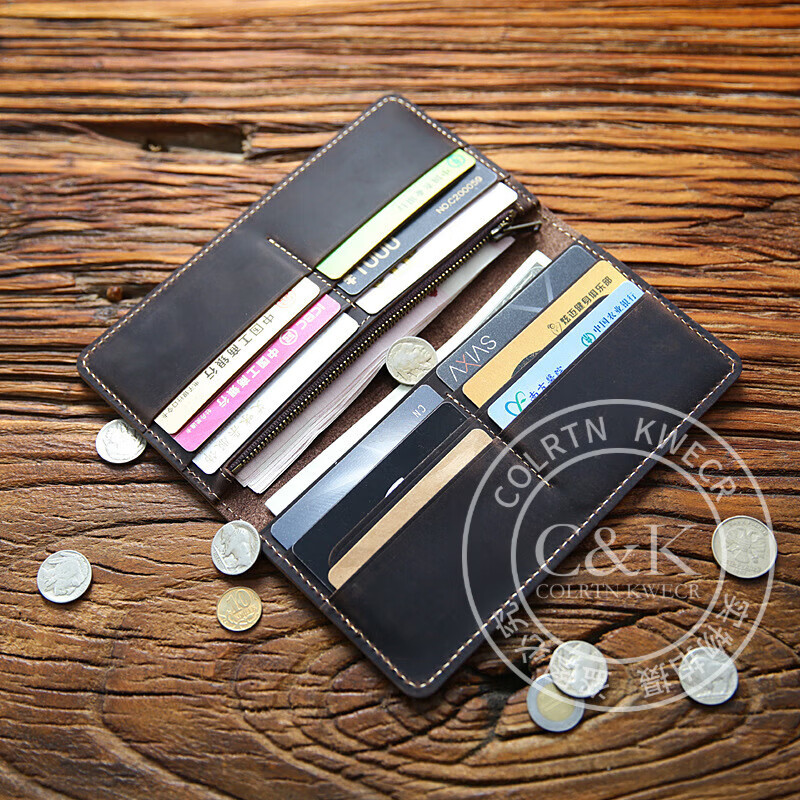 Colrtn Kwecr钱包男士长款手夹包真牛皮钱夹多卡位卡包手机包横款手包奢侈品 CK深棕色19*10*2