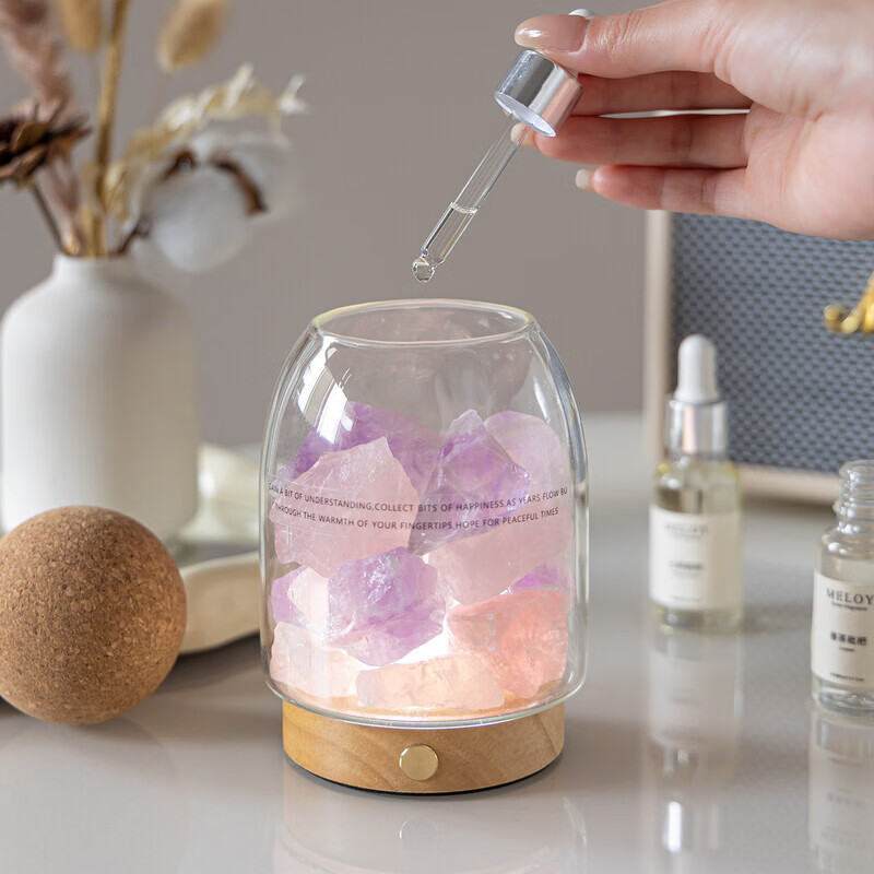 无火香薰扩香石水晶精油家用卧室内香氛小夜灯情人节生日礼物礼盒 橙盐石（充电款 三色光 明暗可调） 小苍兰 20ml 清新花香调 适中