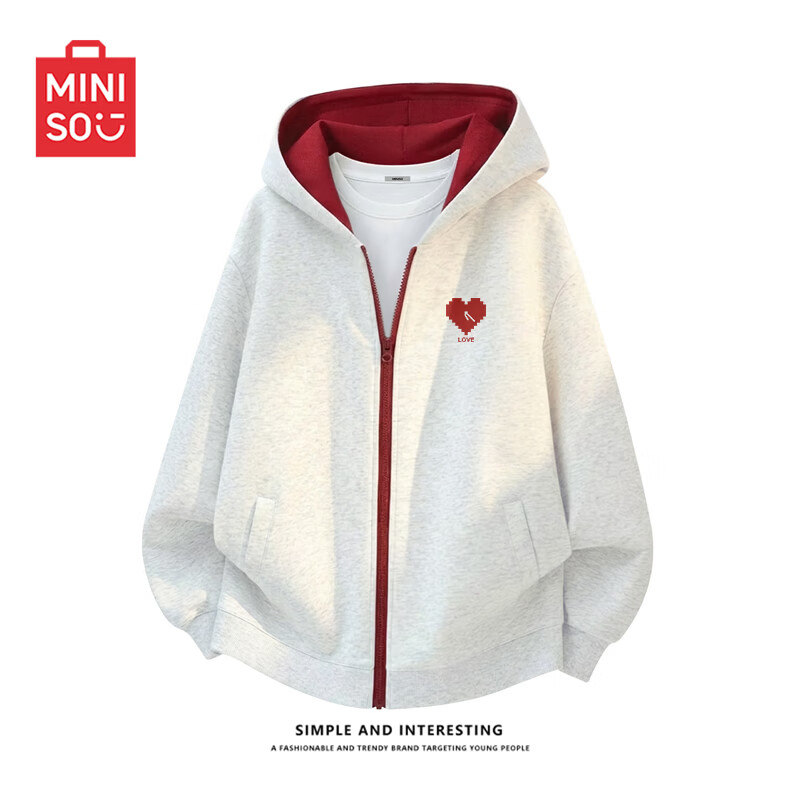 名创优品（MINISO）撞色开衫连帽卫衣男春秋季美式重磅外套青少年感休闲潮牌运动上衣 白花灰(mt怦然心动胸标) M /170(体重100-120斤)