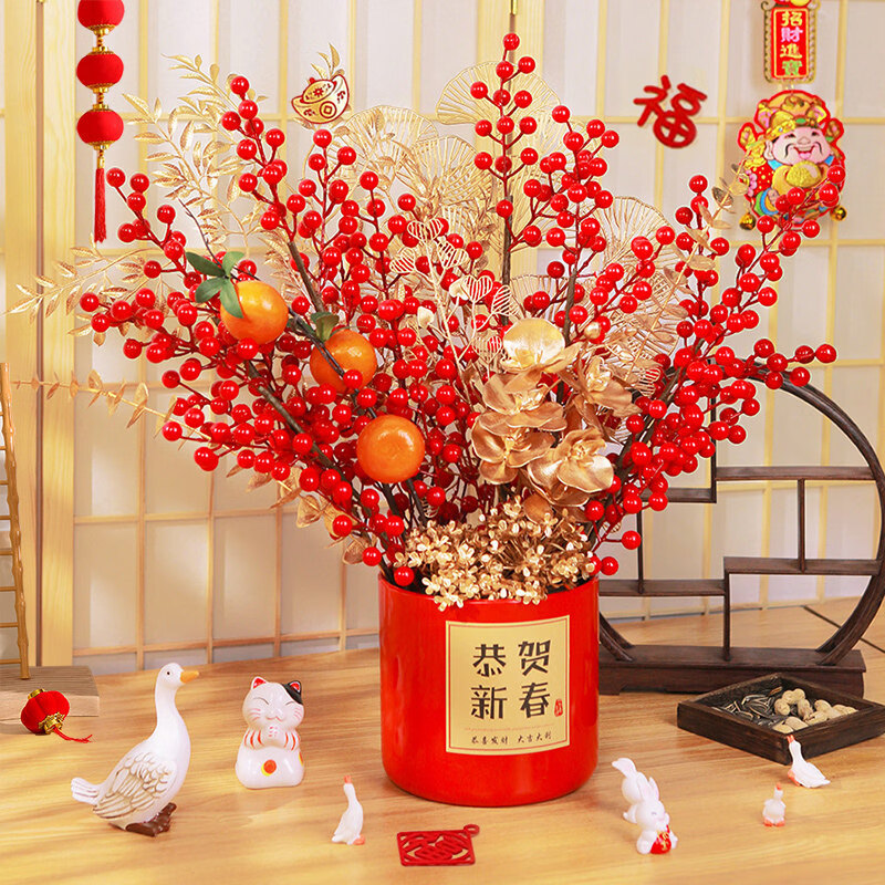 欢喜庆2026马年发财果福桶过年客厅红果抱抱桶摆件装饰布置用品年宵花 【福气盈门】成品福桶摆件