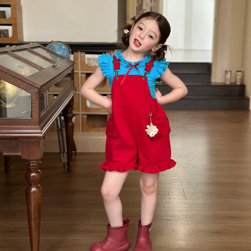 栀了成长记童装女童韩版时髦修身上衣2026春季儿童可爱荷叶边T恤 红色 背带裤送公仔 110 cm