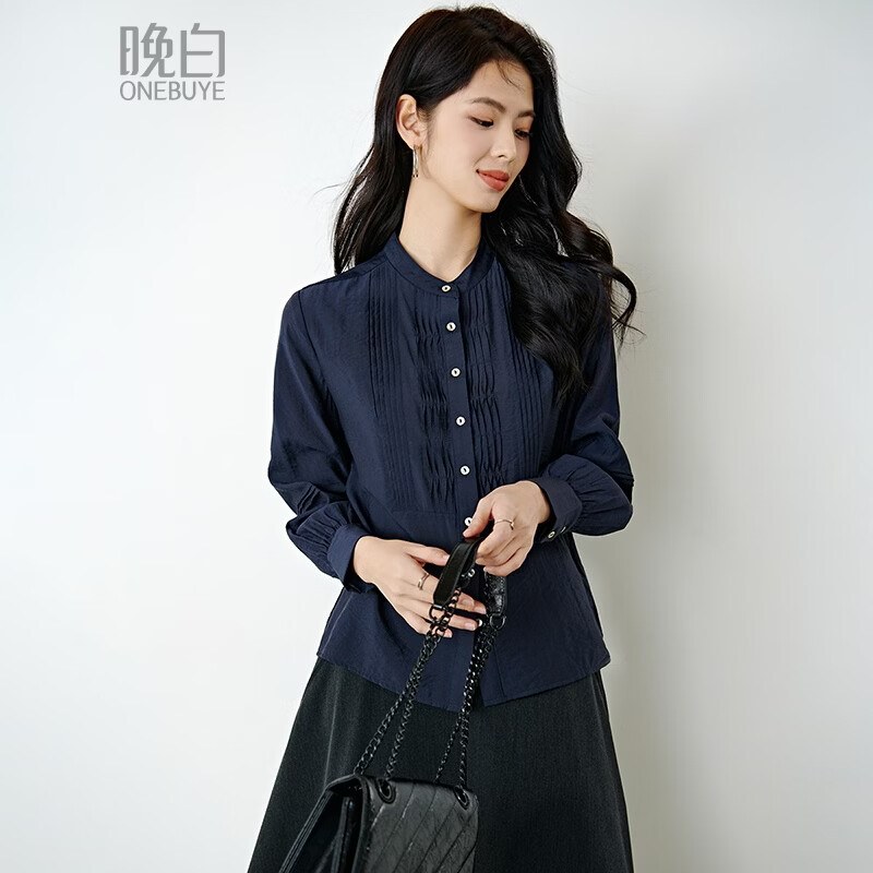 晚白【新品】2026年春款优雅轻熟风立领上衣亲肤舒适气质通勤衬衫女 深蓝色 M